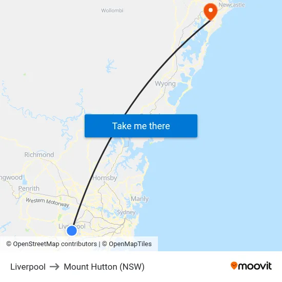 Liverpool to Mount Hutton (NSW) map