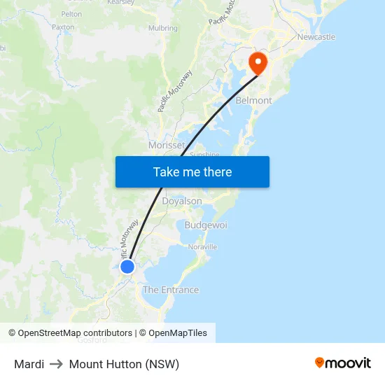 Mardi to Mount Hutton (NSW) map