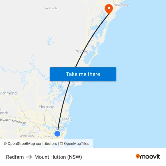 Redfern to Mount Hutton (NSW) map