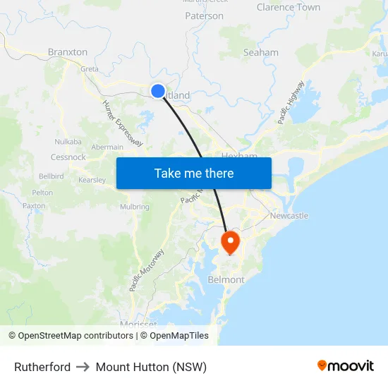 Rutherford to Mount Hutton (NSW) map