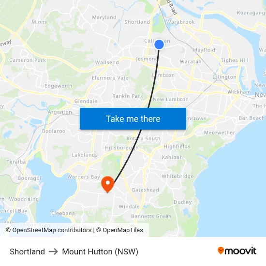 Shortland to Mount Hutton (NSW) map