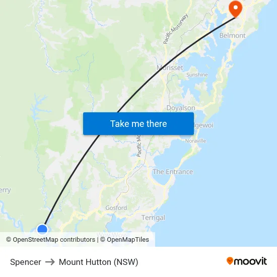 Spencer to Mount Hutton (NSW) map