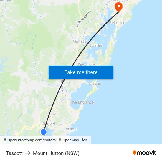 Tascott to Mount Hutton (NSW) map