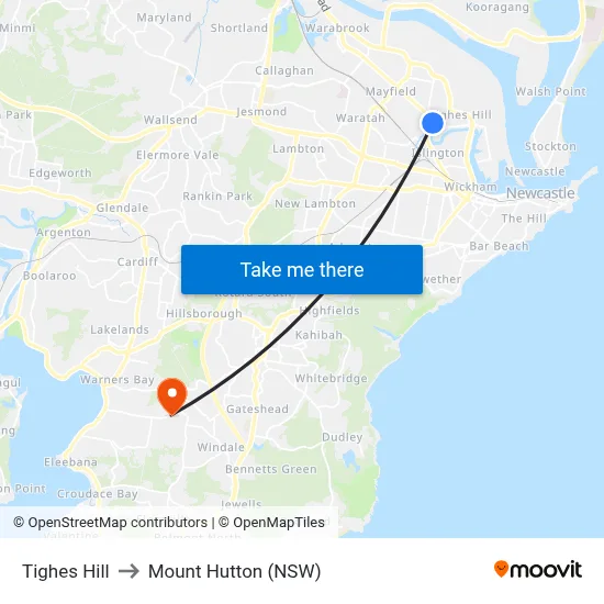 Tighes Hill to Mount Hutton (NSW) map