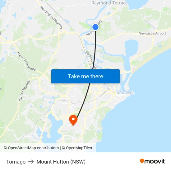 Tomago to Mount Hutton (NSW) map