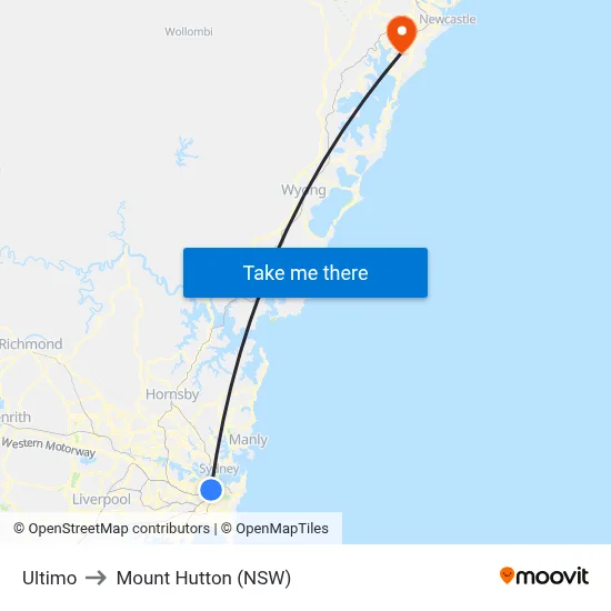 Ultimo to Mount Hutton (NSW) map
