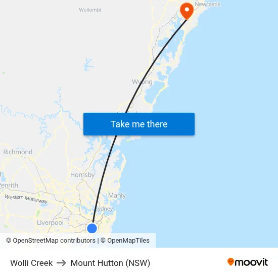 Wolli Creek to Mount Hutton (NSW) map
