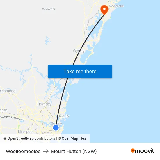 Woolloomooloo to Mount Hutton (NSW) map