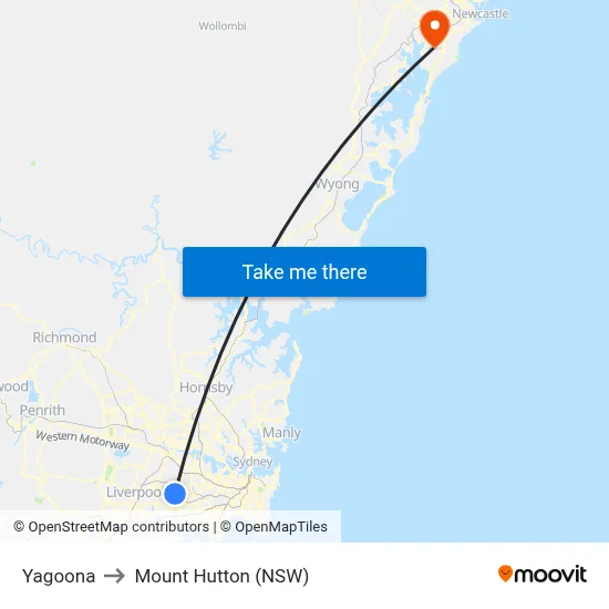 Yagoona to Mount Hutton (NSW) map