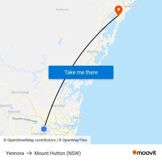 Yennora to Mount Hutton (NSW) map