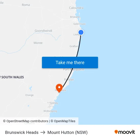 Brunswick Heads to Mount Hutton (NSW) map