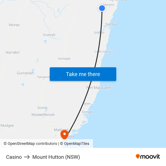 Casino to Mount Hutton (NSW) map