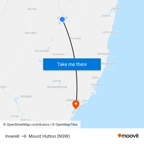 Inverell to Mount Hutton (NSW) map