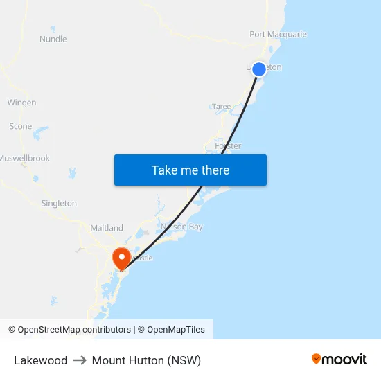 Lakewood to Mount Hutton (NSW) map