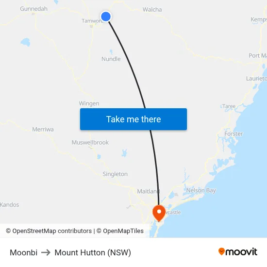 Moonbi to Mount Hutton (NSW) map
