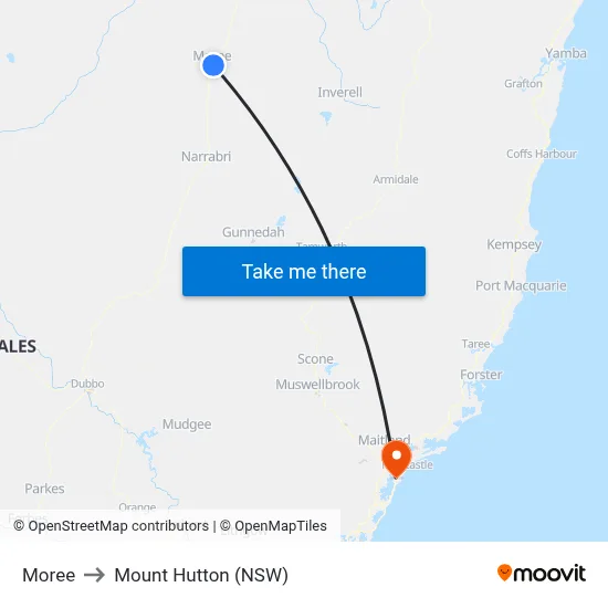 Moree to Mount Hutton (NSW) map