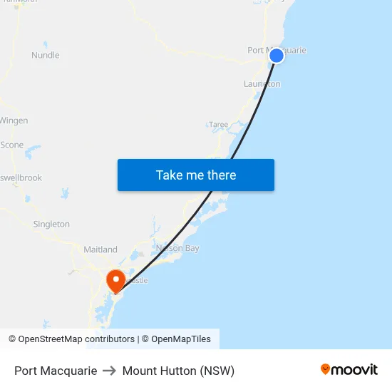 Port Macquarie to Mount Hutton (NSW) map