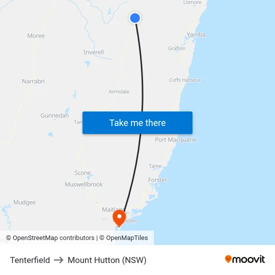 Tenterfield to Mount Hutton (NSW) map
