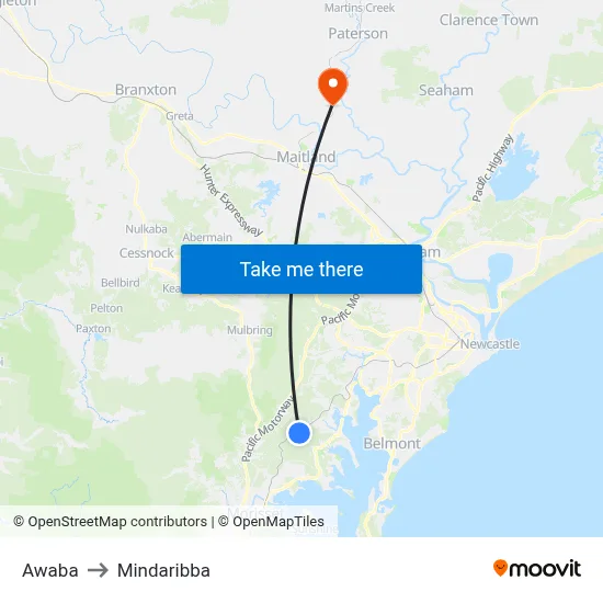 Awaba to Mindaribba map