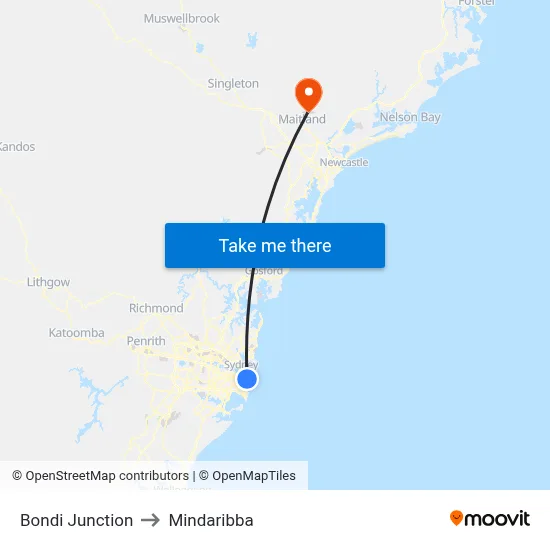 Bondi Junction to Mindaribba map