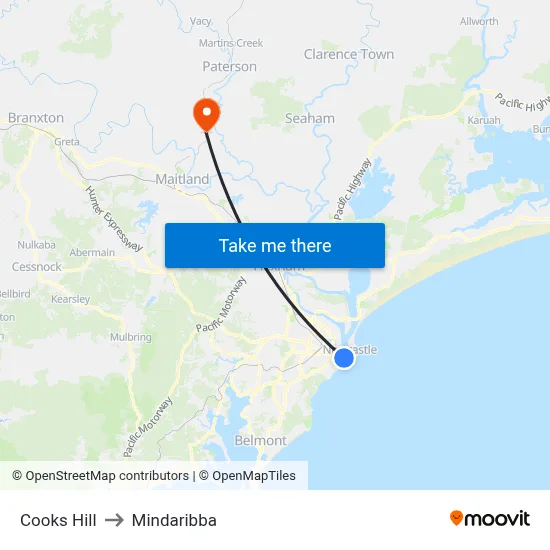 Cooks Hill to Mindaribba map