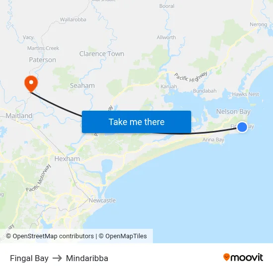Fingal Bay to Mindaribba map
