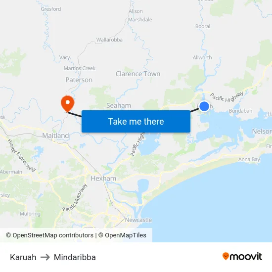Karuah to Mindaribba map