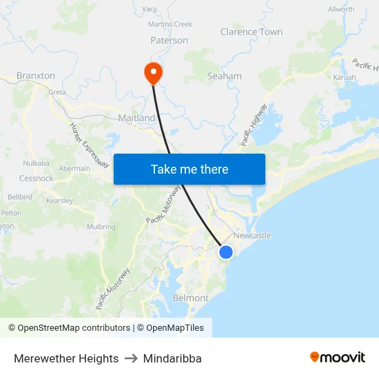 Merewether Heights to Mindaribba map
