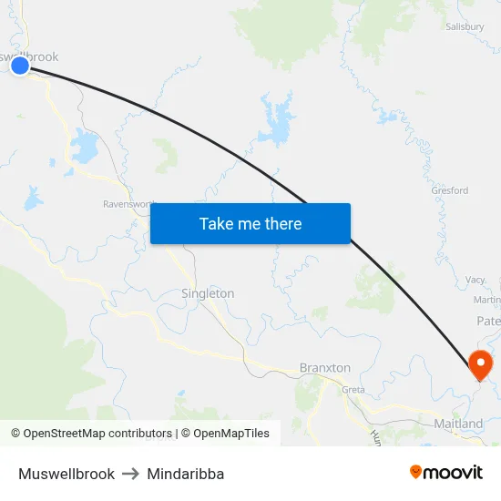 Muswellbrook to Mindaribba map
