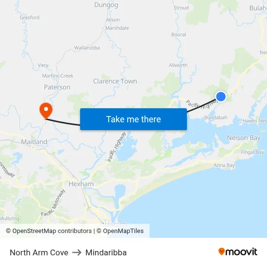 North Arm Cove to Mindaribba map