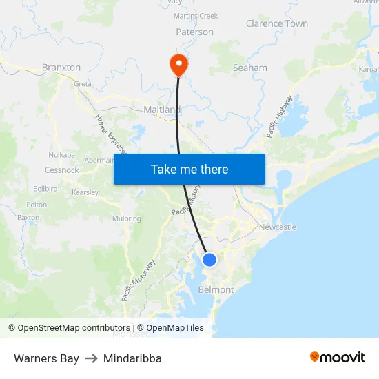 Warners Bay to Mindaribba map