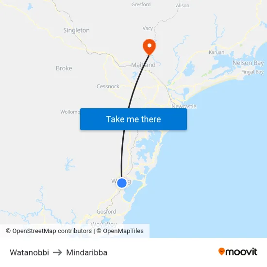 Watanobbi to Mindaribba map