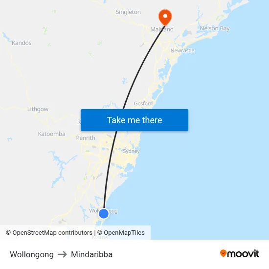 Wollongong to Mindaribba map