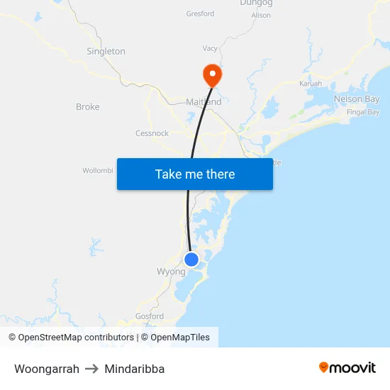 Woongarrah to Mindaribba map