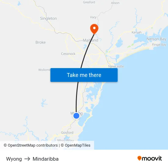 Wyong to Mindaribba map