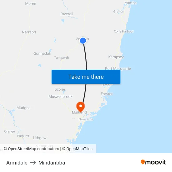 Armidale to Mindaribba map