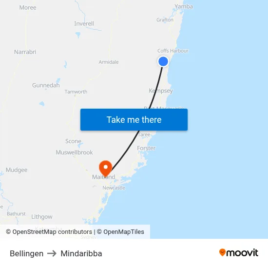 Bellingen to Mindaribba map