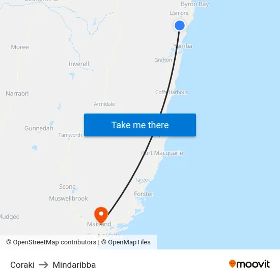 Coraki to Mindaribba map