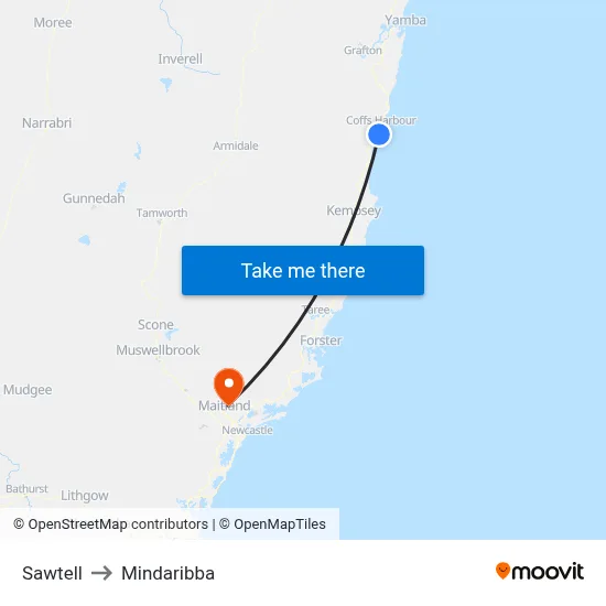 Sawtell to Mindaribba map