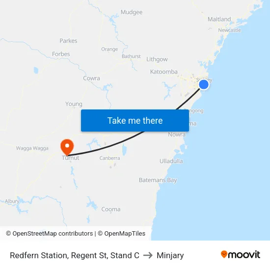 Redfern Station, Regent St, Stand C to Minjary map