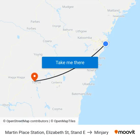 Martin Place Station, Elizabeth St, Stand E to Minjary map