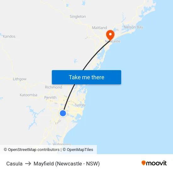 Casula to Mayfield (Newcastle - NSW) map