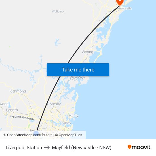 Liverpool Station to Mayfield (Newcastle - NSW) map