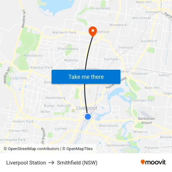Liverpool Station to Smithfield (NSW) map