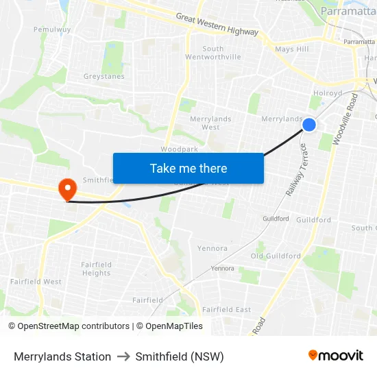 Merrylands Station to Smithfield (NSW) map
