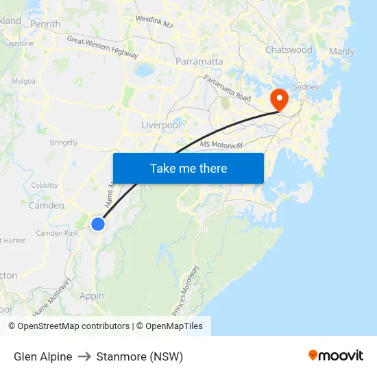 Glen Alpine to Stanmore (NSW) map
