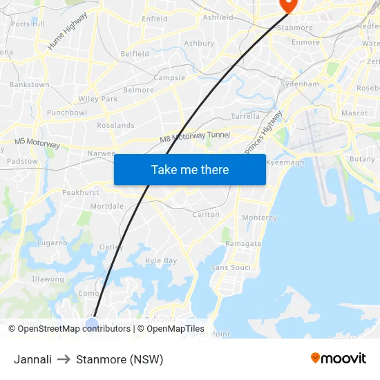 Jannali to Stanmore (NSW) map