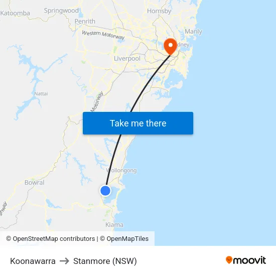 Koonawarra to Stanmore (NSW) map