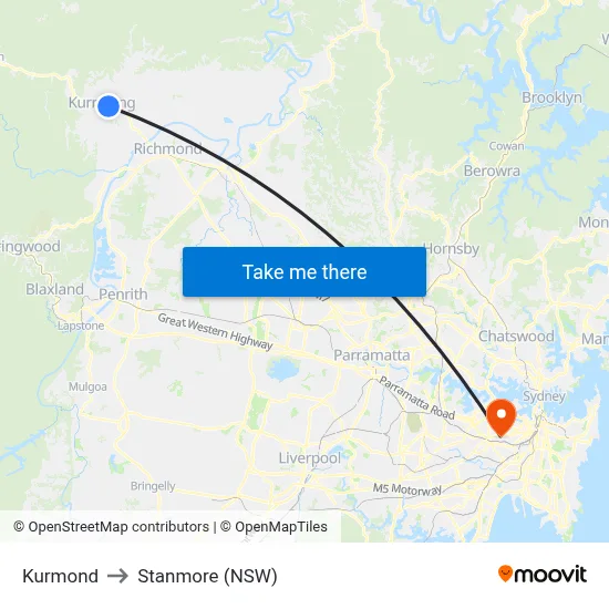 Kurmond to Stanmore (NSW) map