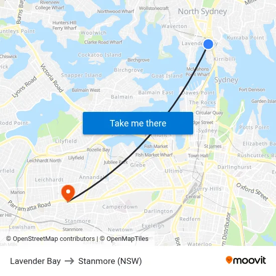 Lavender Bay to Stanmore (NSW) map